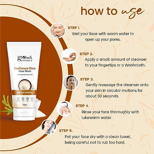 Globus Naturals Radiance Rice Face Wash, Enriched With Green Tea, For Skin Brightening, Suitable For All Skin Types, 75 gm