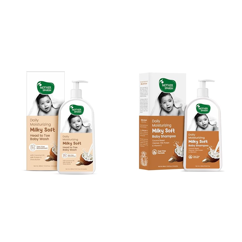 Mother Sparsh Milky Soft Head to Toe Baby Wash-400ml (Tear Free)+ Milky Soft Baby Shampoo - 400ml | For Daily Moisturizing | Tear Free Formula With Milk Protein, Vitamin E & Coconut Oil