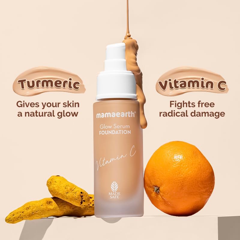 Mamaearth Glow Serum Foundation, Medium Coverage, Matte Finish, With Vitamin C & Turmeric For 12-Hour Long Stay- 06 Almond Glow - For All Skin Types - 30 Ml