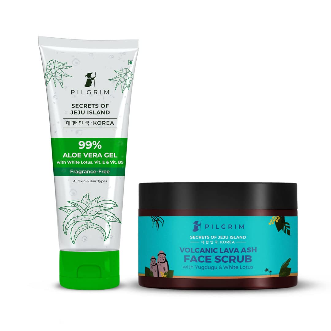 PIlgrim Korean Skin Clarifying & Smoothening Combo | 99% Pure Aloe Vera Gel 200ml | Volcanic Lava Ash Face Scrub 100gm | De Tan, Exfoliation, Glowing Skin, Blackhead Removal | All Skin Type