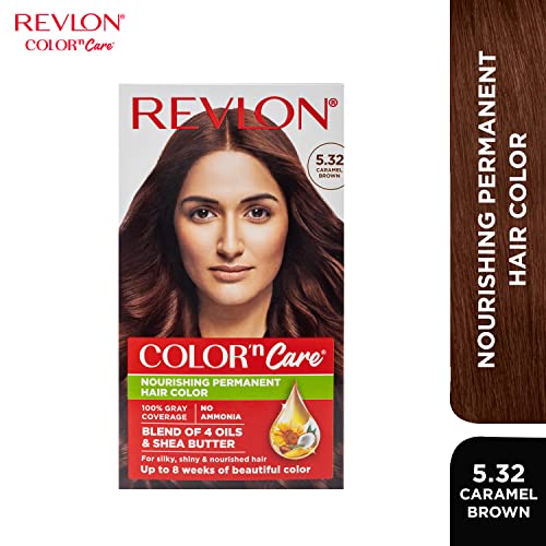 REVLON Color 'n Care NOURISHING PERMANENT HAIR COLOR - 5.32 Caramel Brown - Has essentials oils of Coconut Argan, Sunflower & Jojoba oil, along with shea butter
