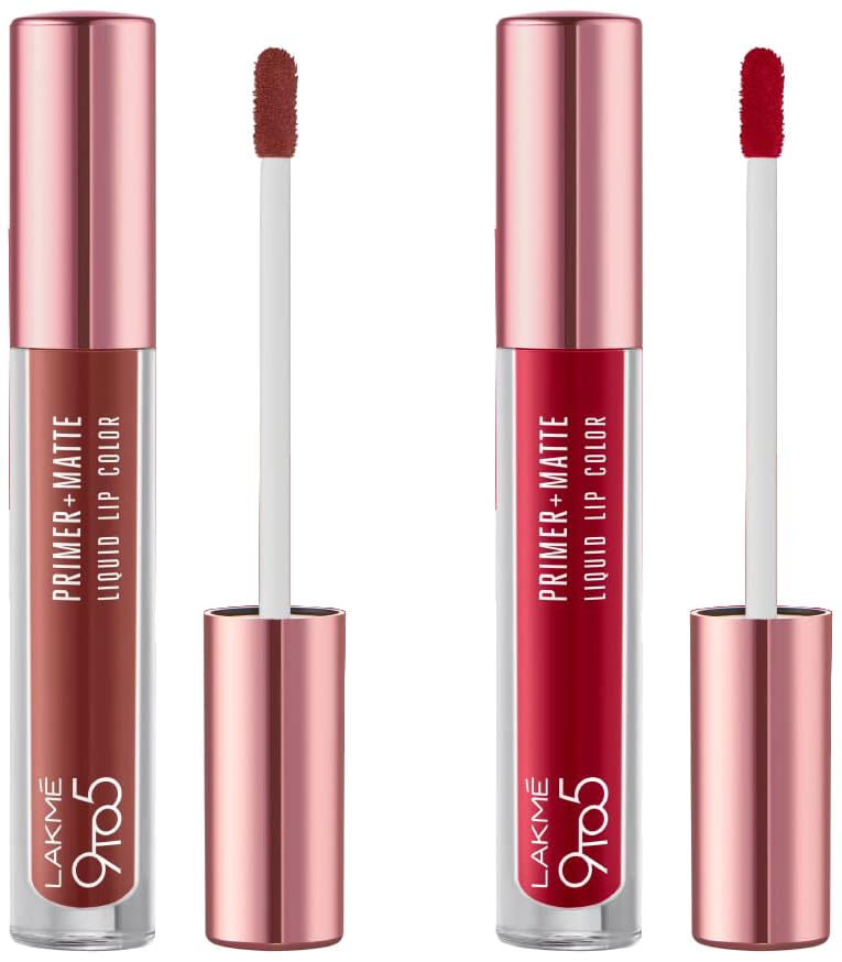 Lakmé 9to5 Primer + Matte Liquid Lip Color MB2 Intense Latte & Lakmé 9to5 Primer + Matte Liquid Lip Color MR3 Vivid Crimson Combo