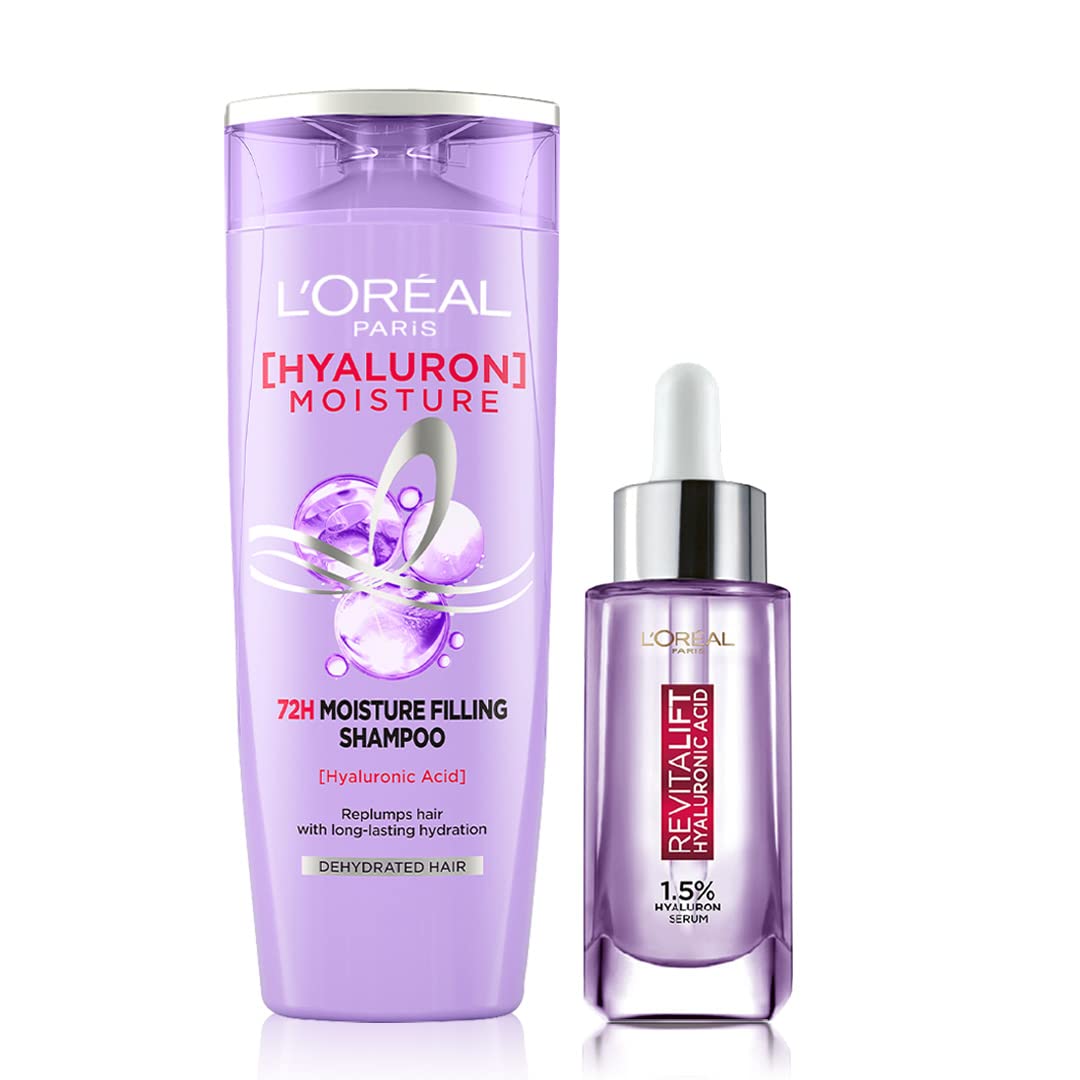 L'OREAL PARIS Moisture Filling Shampoo, With Hyaluronic Acid, For Dry & Dehydrated Hair, Hyaluron Moisture 72H, 340Ml & Revitalift Serum, With 1.5% Hyaluronic Acid, 15Ml, 2 Count