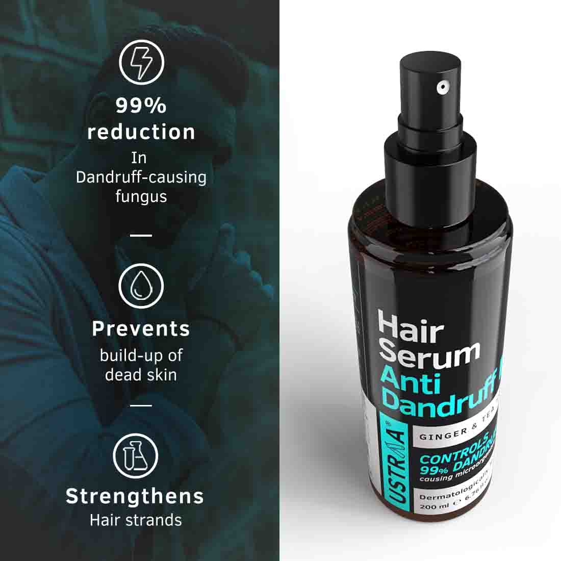 Ustraa Anti Dandruff Kit - Dermatologically Tested- Hair Serum Anti-Dandruff - 200ml | Fights Dandruff with Tea Tree & Ginger & Anti-Dandruff Shampoo 250ml - With Climbazole, Ginger & Tea Tree Oil