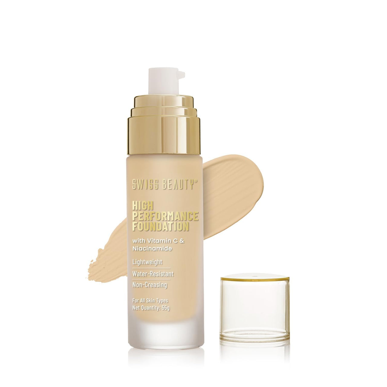 Swiss Beauty High Performance Foundation | Water-Resistant | Medium To Buildable Coverage Liquid Dewy Finish | Lightweight | Easy To Blend | With Vitamin C & Niacinamide | 06 Medium Beige, 55G