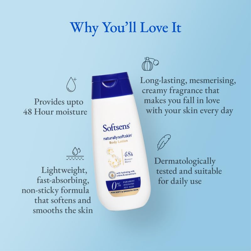 Softsens Naturally Soft Skin Body Lotion With Hydrating Milk Creme & Oats Extract | 48H Moisturization | Parabens, Sulfates, SLS, SLES Free 200mlx2 | Pack of 2