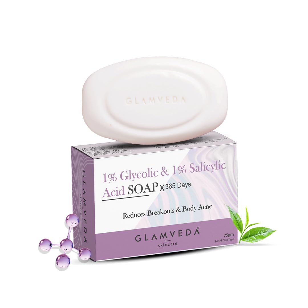 Glamveda Anti Acne 1% ww Glycolic Acid & 1% ww Salicylic Acid Soap | Reduces Dark Spots, Acne Scars & Hyperpigmentation - 75gm Pack of 1