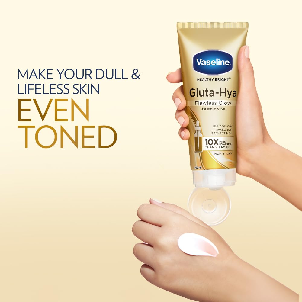 Vaseline Gluta-Hya Flawless Glow Lotion for Face & Body | Gives Brighter Skin | Glutathione & Pro-Retinol Infused Moisturizer, 200ml