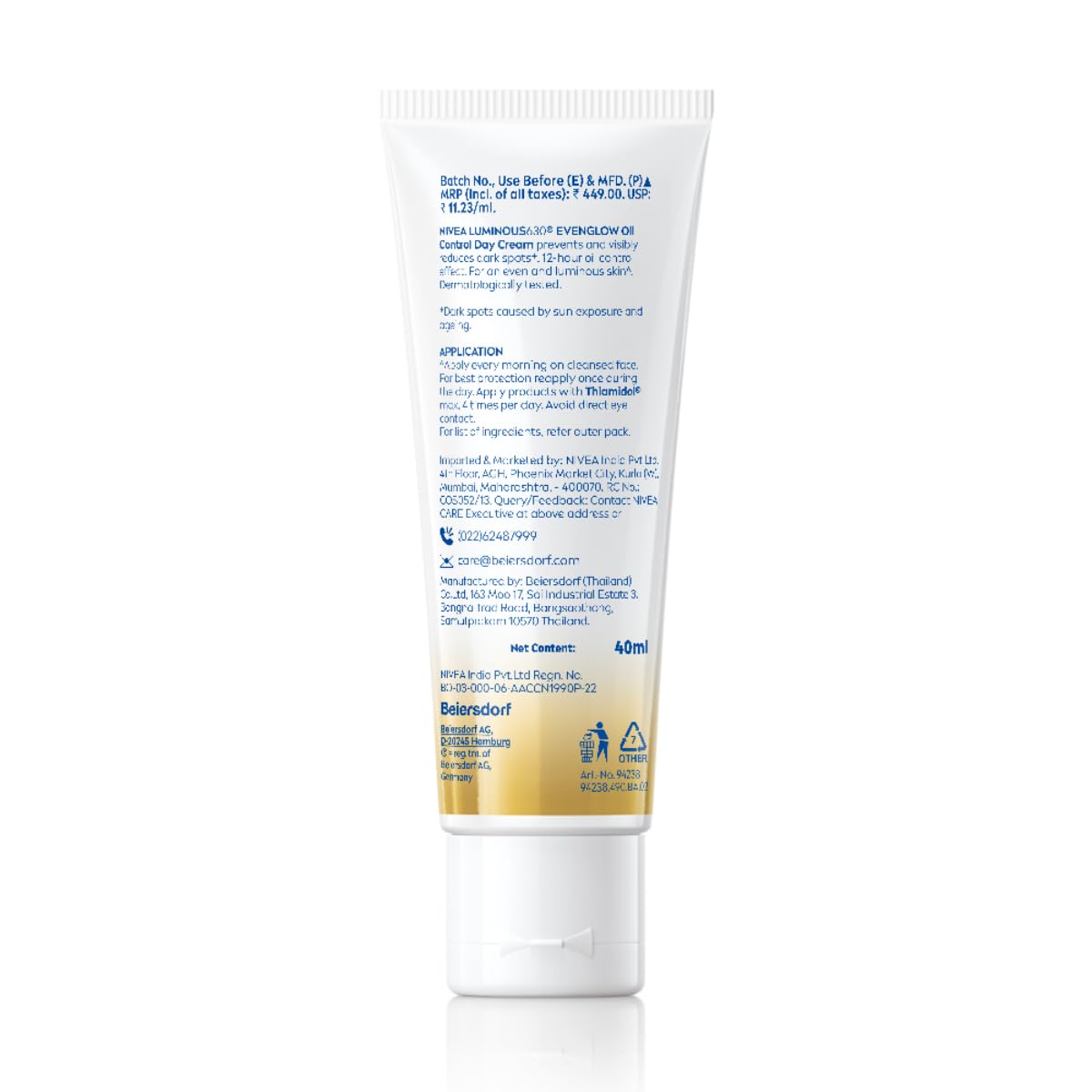 NIVEA Luminous Even Glow Oil Control Day Cream for face |SPF 50 with UV protection & UVA UVB filters | Thiamidol, Hyaluronic Acid, Vitamin E for Dark Spots Reduction & Deep Moisturization| 40ml