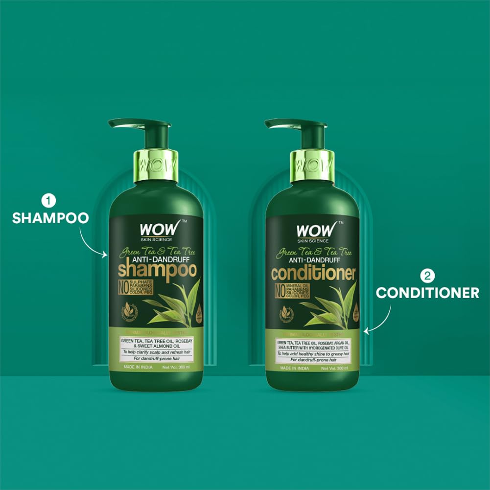 Wow Skin Science Green Tea & Tea Tree Anti-Dandruff Shampoo - No Sulphates, Parabens, Silicones, Color & Peg - 300 Ml