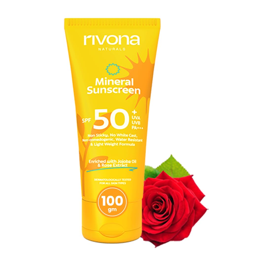 Rivona Naturals Mineral Sunscreen Spf 50 PA +++ for Acne-prone skin| UVA & UVB filters| No White Cast| Non-Oily, Non-Sticky & Water resistant| For dry, oily and sensitive skin| 100 gm
