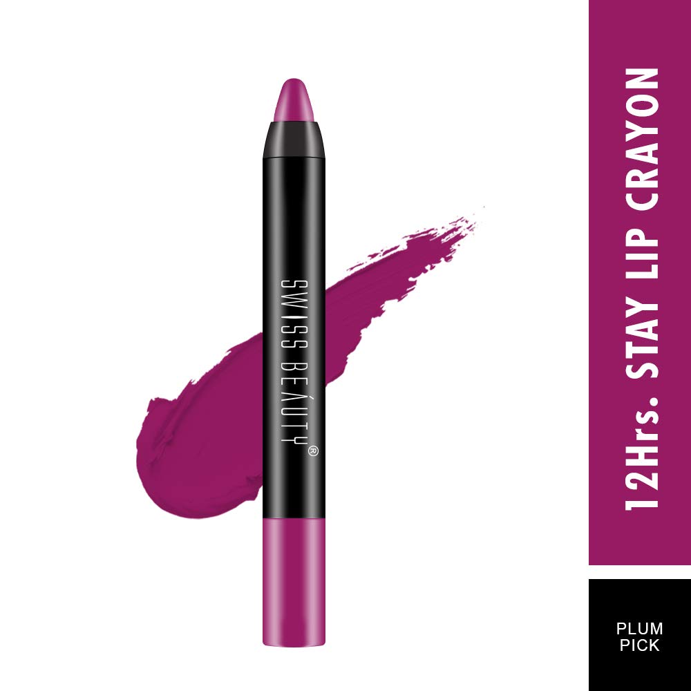 Swiss Beauty 12 Hrs. Stay Matte Lip Crayon, Plum Pink, 3g - Long Lasting, Waterproof, Super Stay, Matte Finish Lip Crayon, Long Wear, Crayon Lipstick