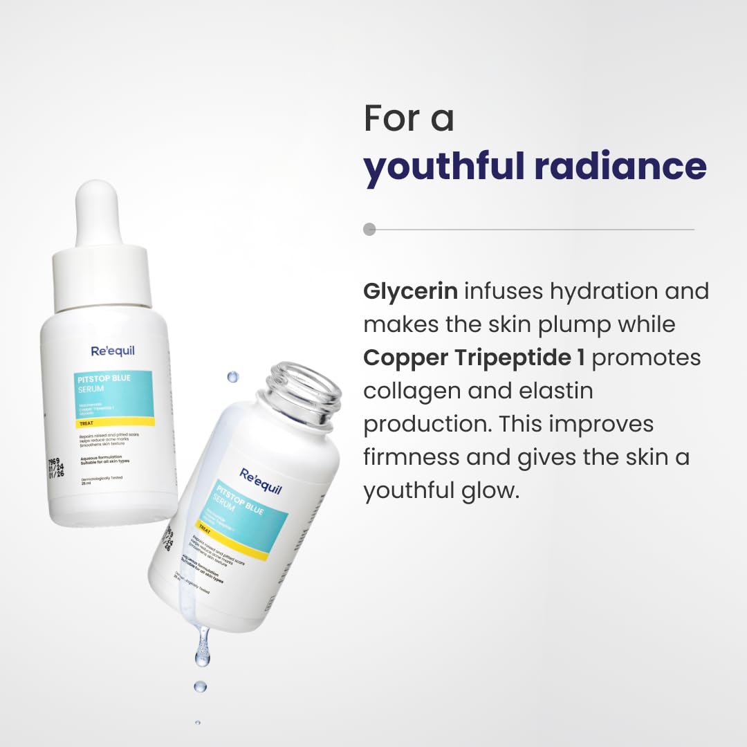 RE' EQUIL Pitstop Blue Copper Peptide Serum, Repairs Acne Scars & Pitted Marks, Evens Skin Tone & Reduces Blemishes, For All Skin Types, 25 Ml