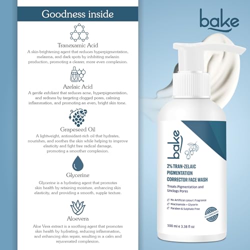 BAKE 2% Tran-Zelaic Pigmentation Corrector Milky Face Wash | For Pigmentation, Dark Spots & Tan Removal | Unclogs Pores | All Skin Types | Removes Blackheads & Whiteheads - 100ml