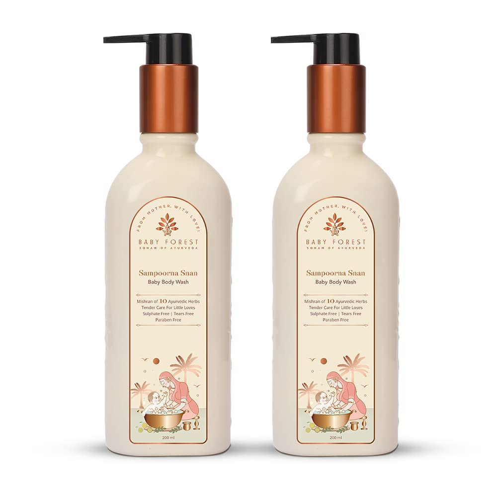 Baby Forest Sampoorna Snan Baby Body Wash | 10 Ayurvedic Herbs | Tear-Free Formula | Natural Hydration for Baby | Vegan | Cruelty-free | Plant-Based Formulation | Pack of 2 x 200 ml