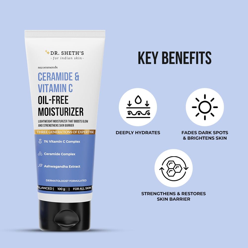 Dr. Sheth's Ceramide & Vitamin C Oil - Free Moisturizer| Lightweight Moisturizer To Hydrate & Brighten Skin | With Vitamin C, Ceramide & Ashwagandha | For Women & Men | 100G