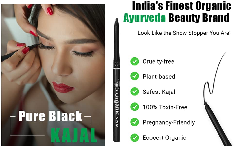 Organic Netra Pure Black Pencil Kajal Waterproof, Smudgeproof and Long Lasting Upto 12Hrs Enriched With All Natural Ingredients, Intense Colour, Matte Finish