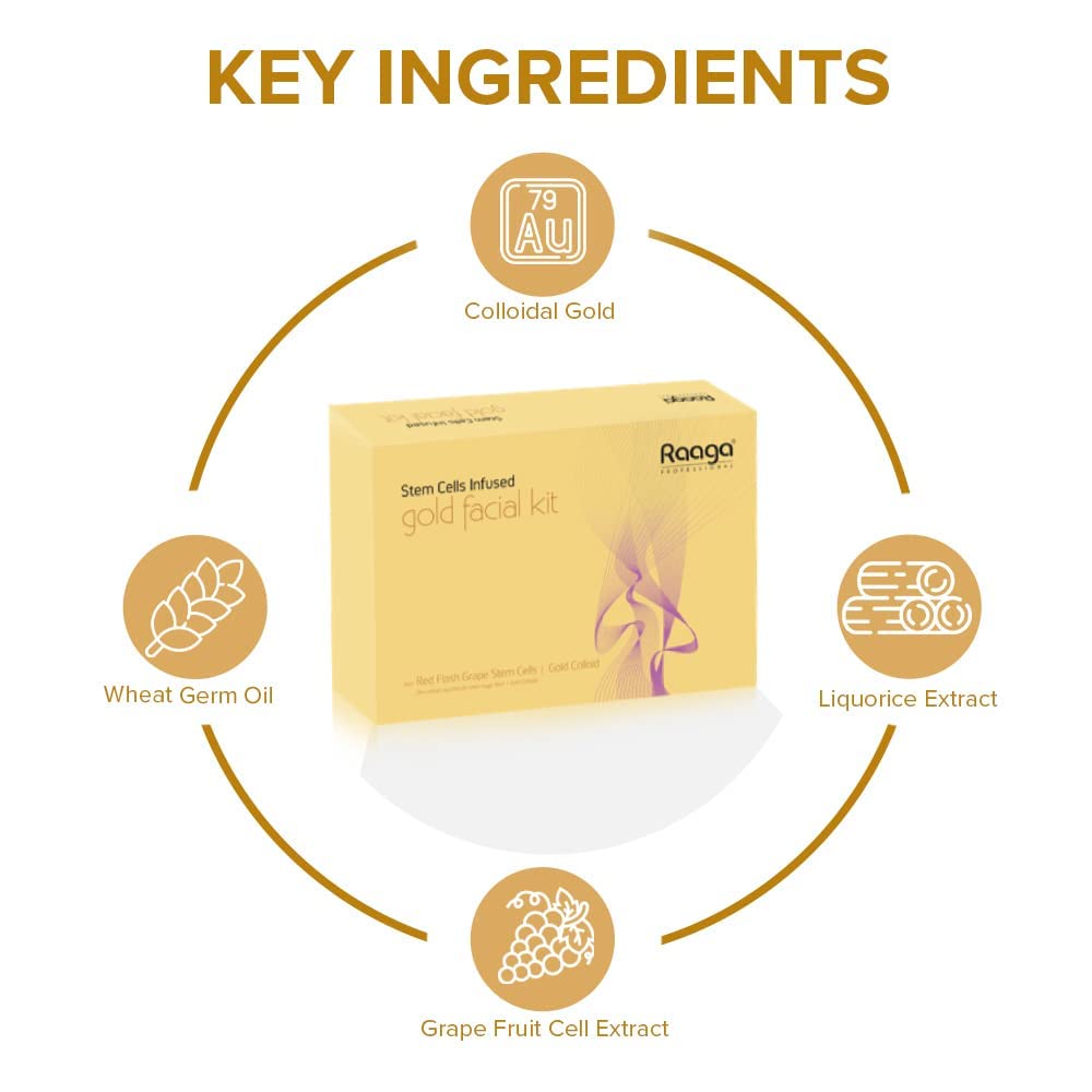 Raaga Professional Stem Cells Infused Gold 6 Step Facial Kit | Gold Colloid, Red Flesh Grape Stem Cells | Combats Pigmentation | All Skin Types (61 gm)