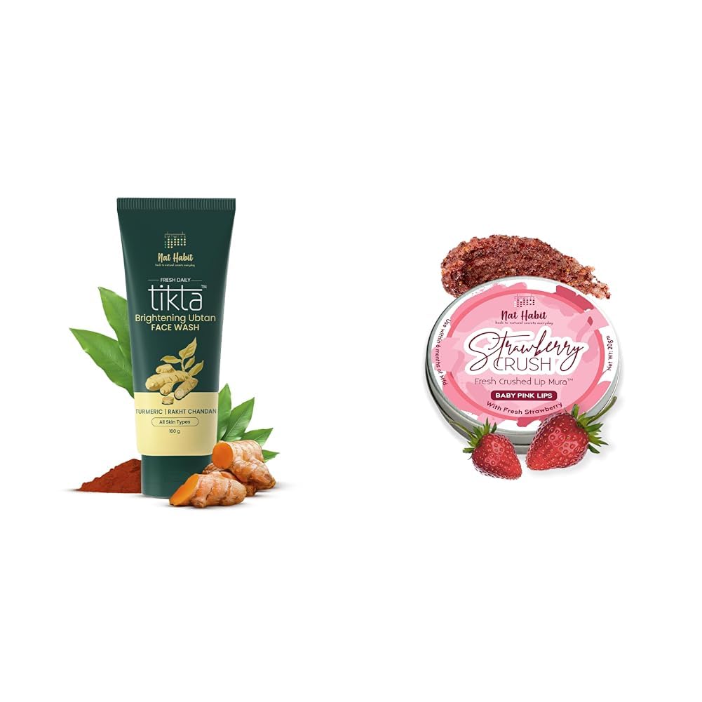 Nat Habit Brightening Ubtan Face Wash 100g & Strawberry Crush Lip Mura 12g - Lip Scrub for Skin Brightening & Lip Care