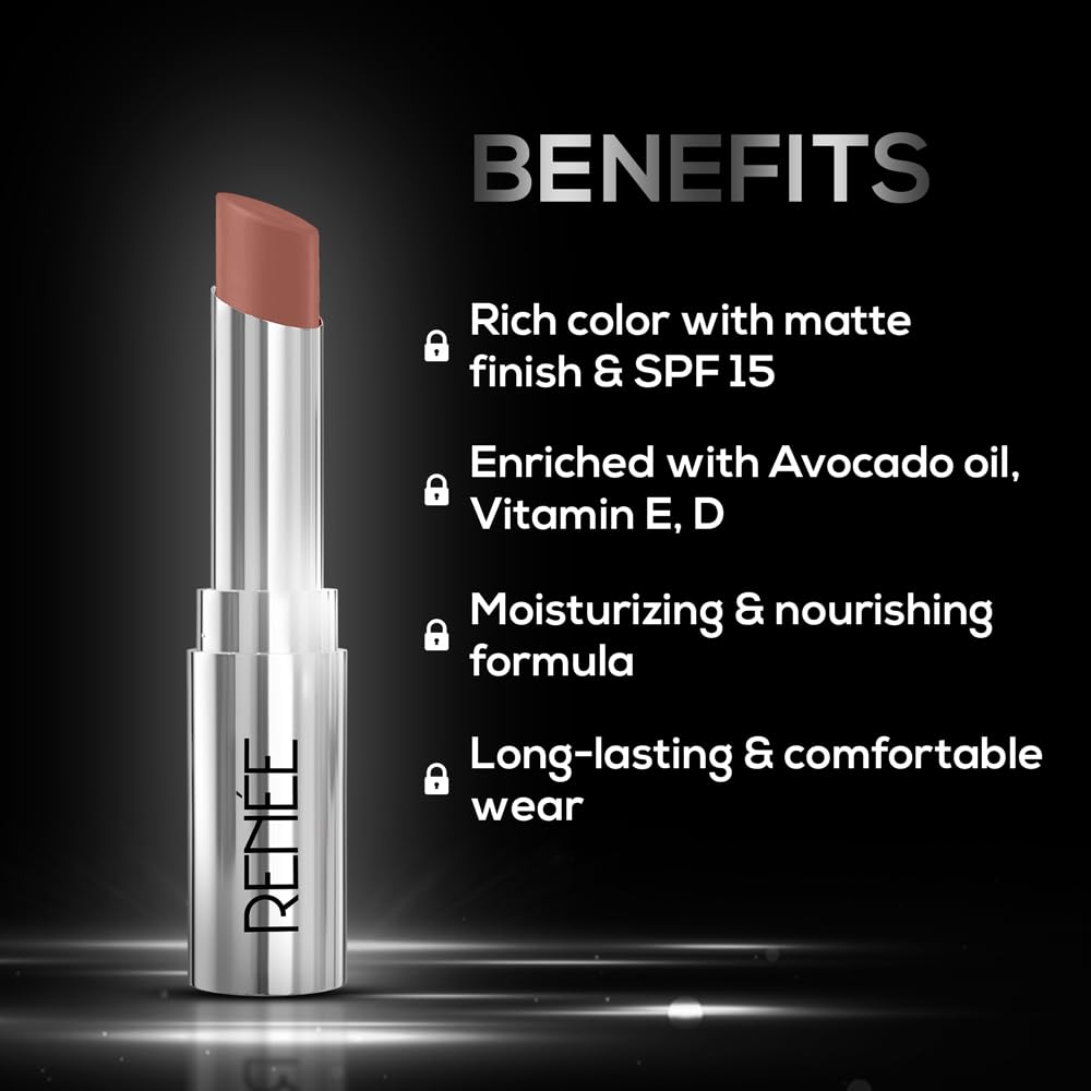 RENEE Matte Lock Lipstick - Jazz, Moisturizing, Long Lasting & Weightless Formula, Intense Color Pay Off with Ultra-Matte Finish, Enriched with Avocado oil, Vitamin E, D & Beta-Carotene, 3.5 Gm