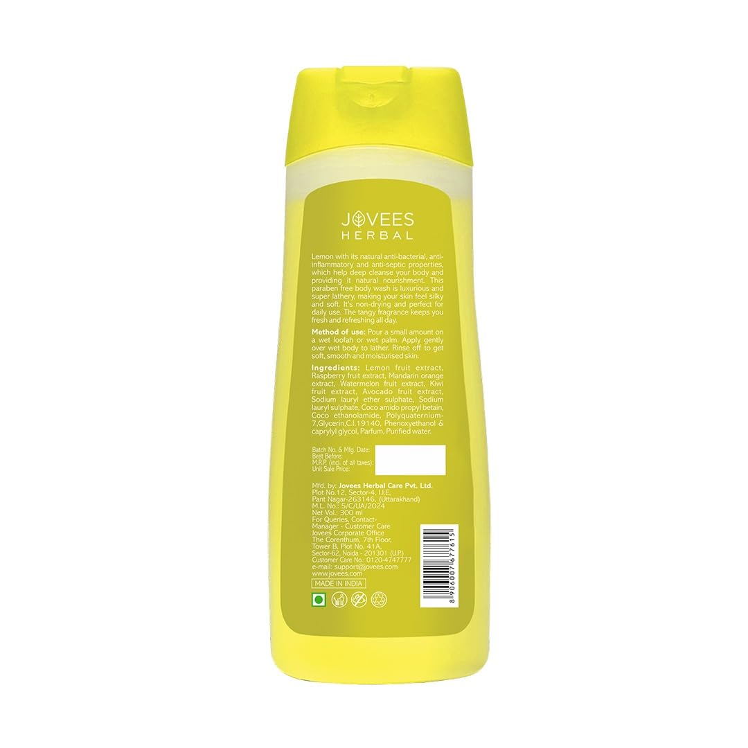 Jovees Herbal Lemon Body Wash For Softer, Smoother Skin With Lemon, Raspberry & Avocado Fruit Ext | Shower Gel for Dry, Rough & Bumpy Skin With Long Lasting Fragrance 300ml