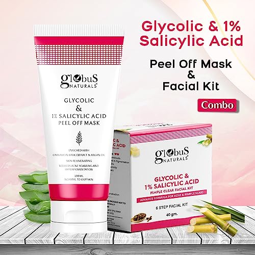 Globus Naturals Glycolic & 1% Salicylic Acid Peel Off Mask & Facial Kit Combo, Anti Acne & Oil Control Formula, For Normal to Oily Skin