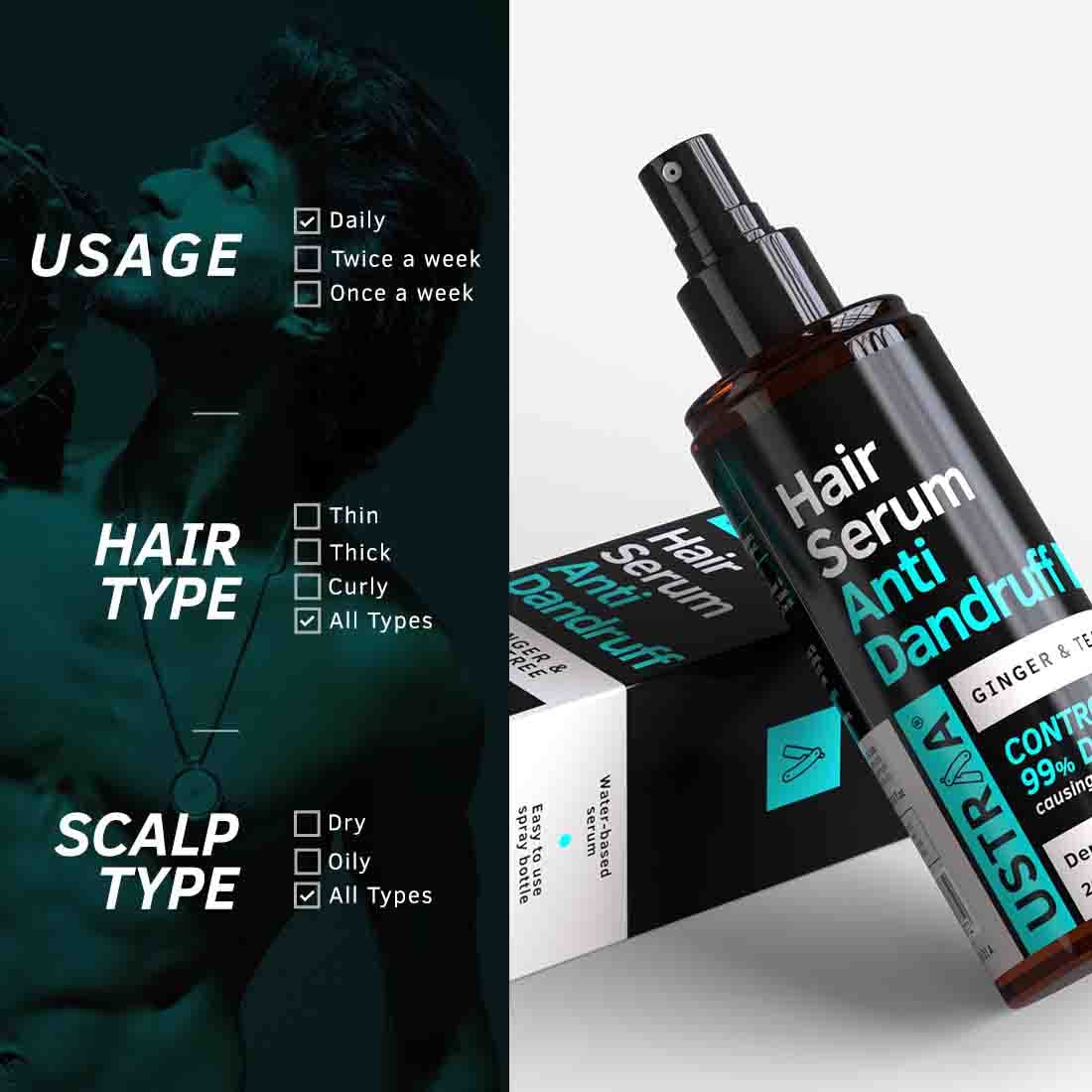 Ustraa Beard Wash Woody - 100 ml - Sulphate-free Beard Wash | Daily Use Hair Conditioner - 100gm -with Water Hyssop (Brahmi) & Vitamin E | & Hair Serum Anti-Dandruff - 200ml | with Tea Tree & Ginger