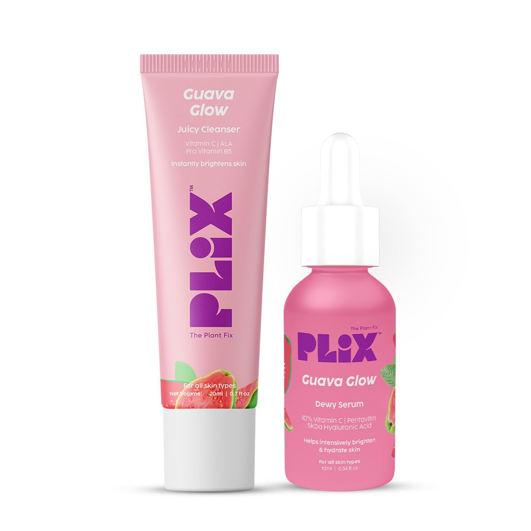 PLIX - Guava Glow Regime with 10% Vitamin C Face Mini Serum (10ml) & Juicy Mini Cleanser | For Dark Spot Corrections and Brighter Complexion | (20 ml) (Pack of 2)