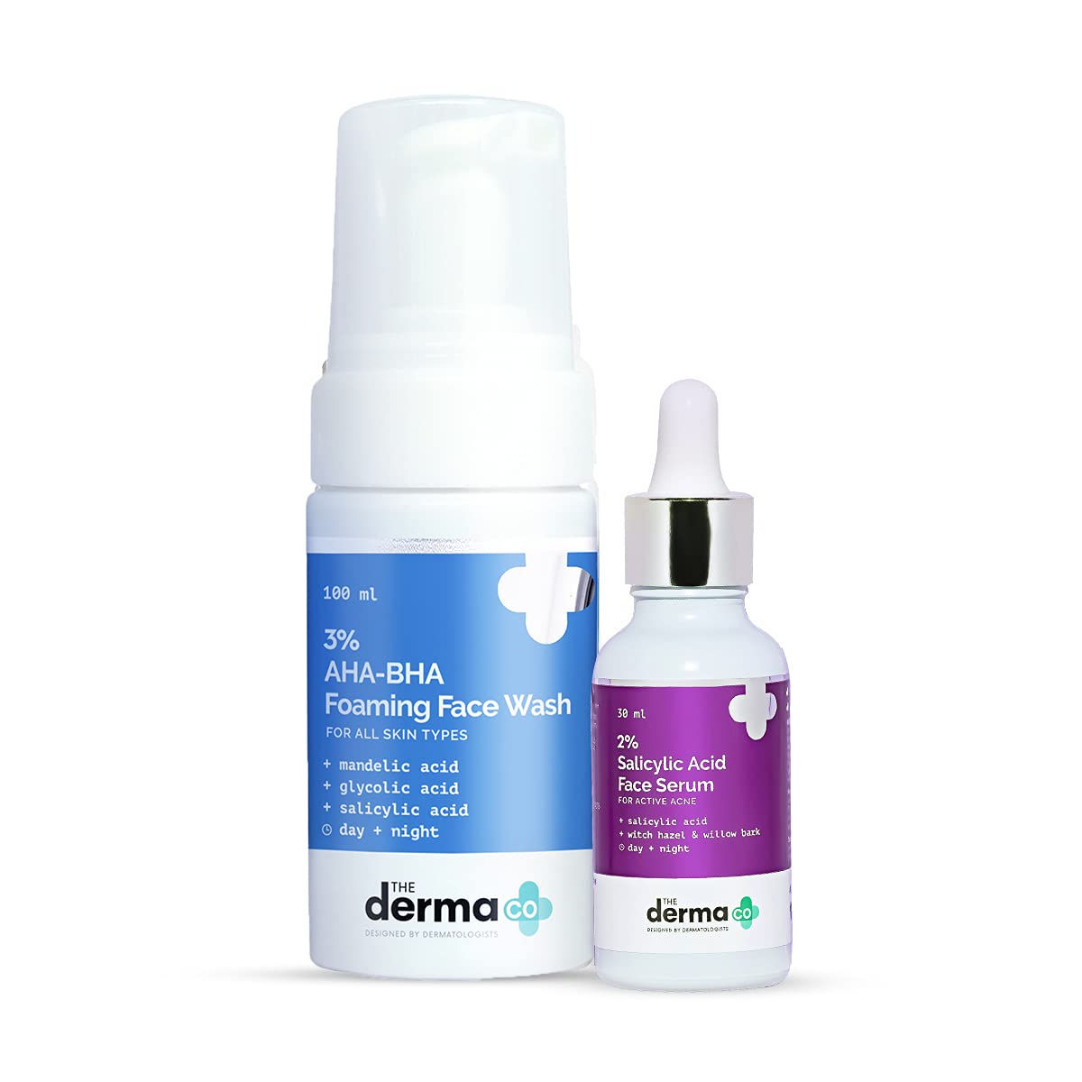 The Derma Co Bye Bye Acne Combo - 3% AHA-BHA Foaming Face Wash (100 ml) + 2% Salicylic Acid Face Serum (30 ml)