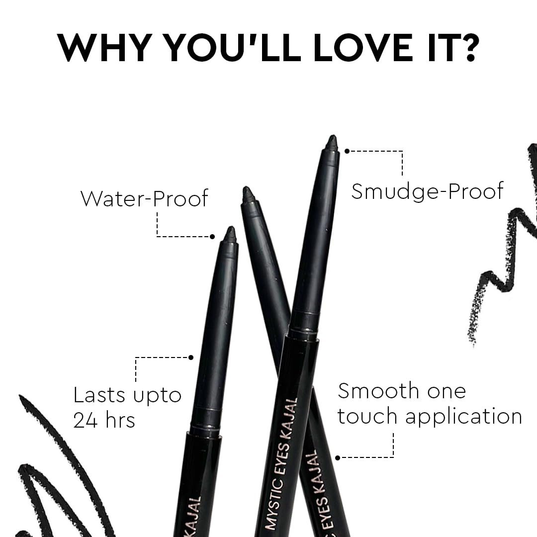 Million Colors Waterproof Mystic Black Kajal | Infused with Chamomile, Castor and Aloevera Oil | Smudge Proof & Long-Lasting | One Swipe Application - Rich Color Payoff | Stays Upto 24HR