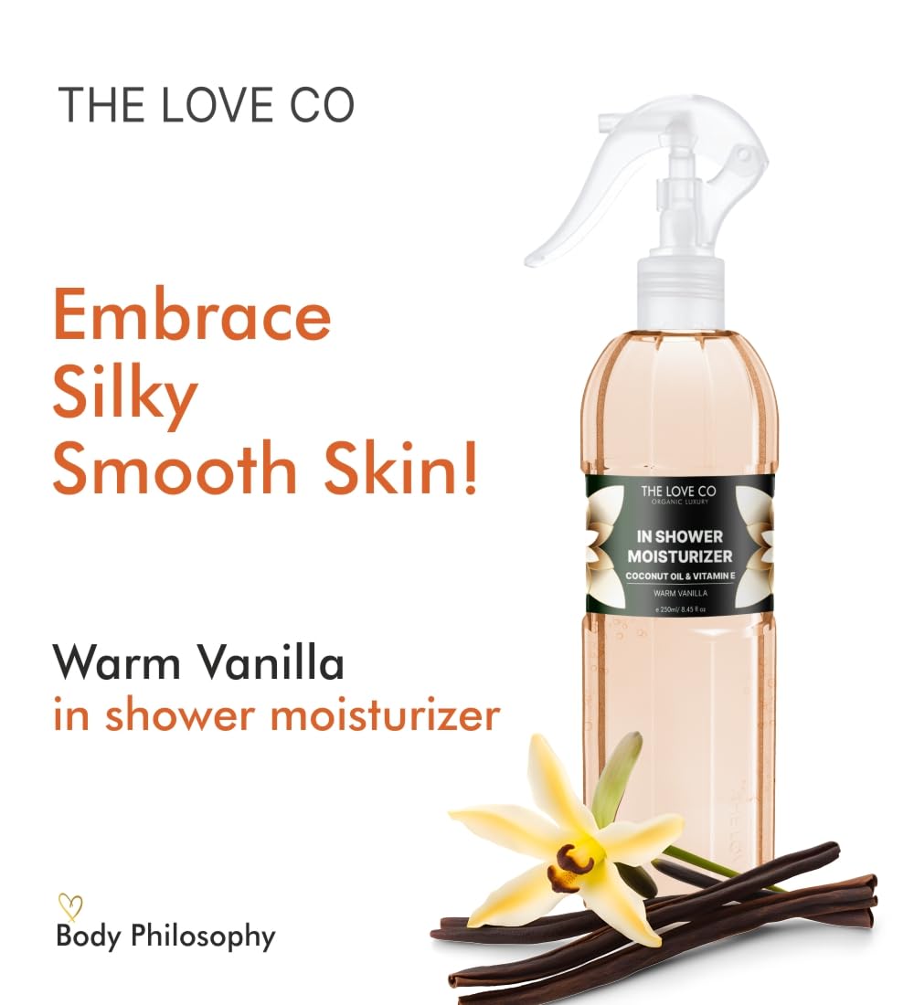 THE LOVE CO Warm Vanilla In-Shower Moisturizer for Dry Skin - Anti-Blemish, Even Skin Tone, 100% Natural, Non-Greasy Formula, Suitable for All Skin Types, Luxurious Skincare (250ml)