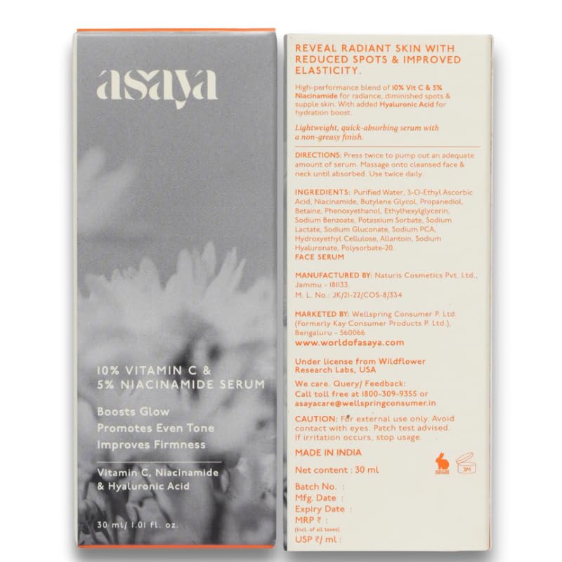 Asaya 10% Vitamin C Face Serum for Brightening & Glowing Skin | With 5% Niacinamide & Hyaluronic Acid | Dark Spot Correcting & Barrier Support | For Skin Radiance | Non Irritating & Non Sticky | Brightening Serum for Dull Skin | Reduces Dark Spots | Treat