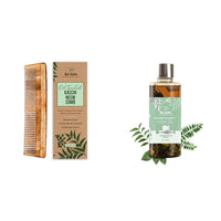 Nat Habit Dual Tooth Wooden Kacchi Neem Comb & Trileaf Dasabuti Hair Oil For Dry And Frizzy Hair, With Castor, Coconut & Amla (Combo Pack Of 2)