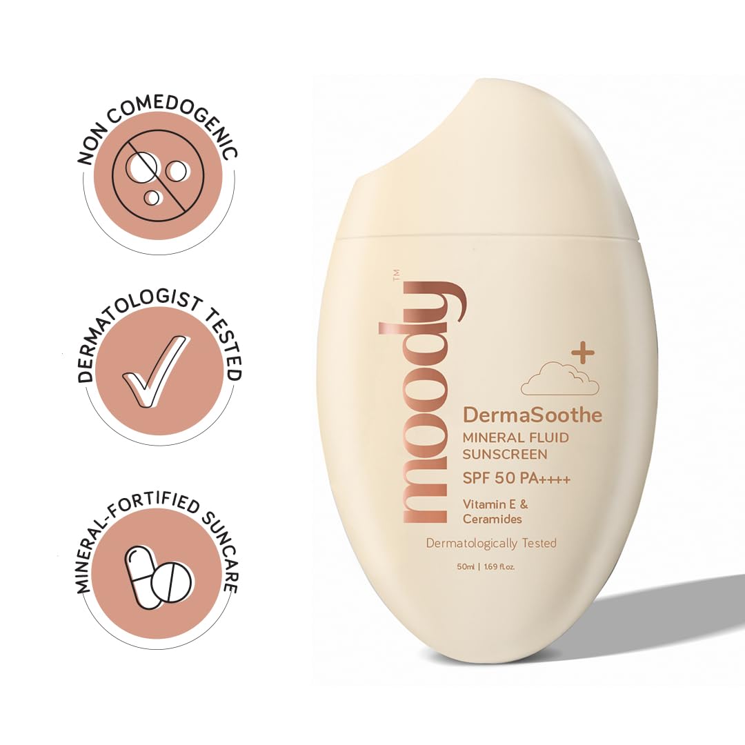 Moody SensiSoothe Mineral Brightening Sunscreen Serum With Ceramides & Rice | SPF 50 PA++++ for All Skin Types | No White Cast, Non-Comedogenic, Dermatologist Tested - 50ML
