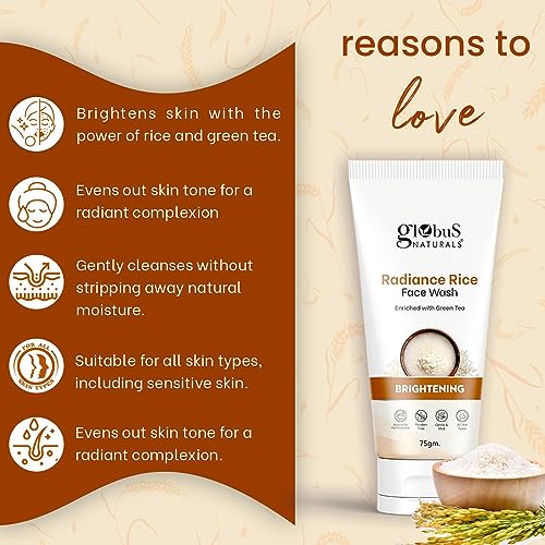 Globus Naturals Radiance Rice Face Wash, Enriched With Green Tea, For Skin Brightening, Suitable For All Skin Types, 75 gm