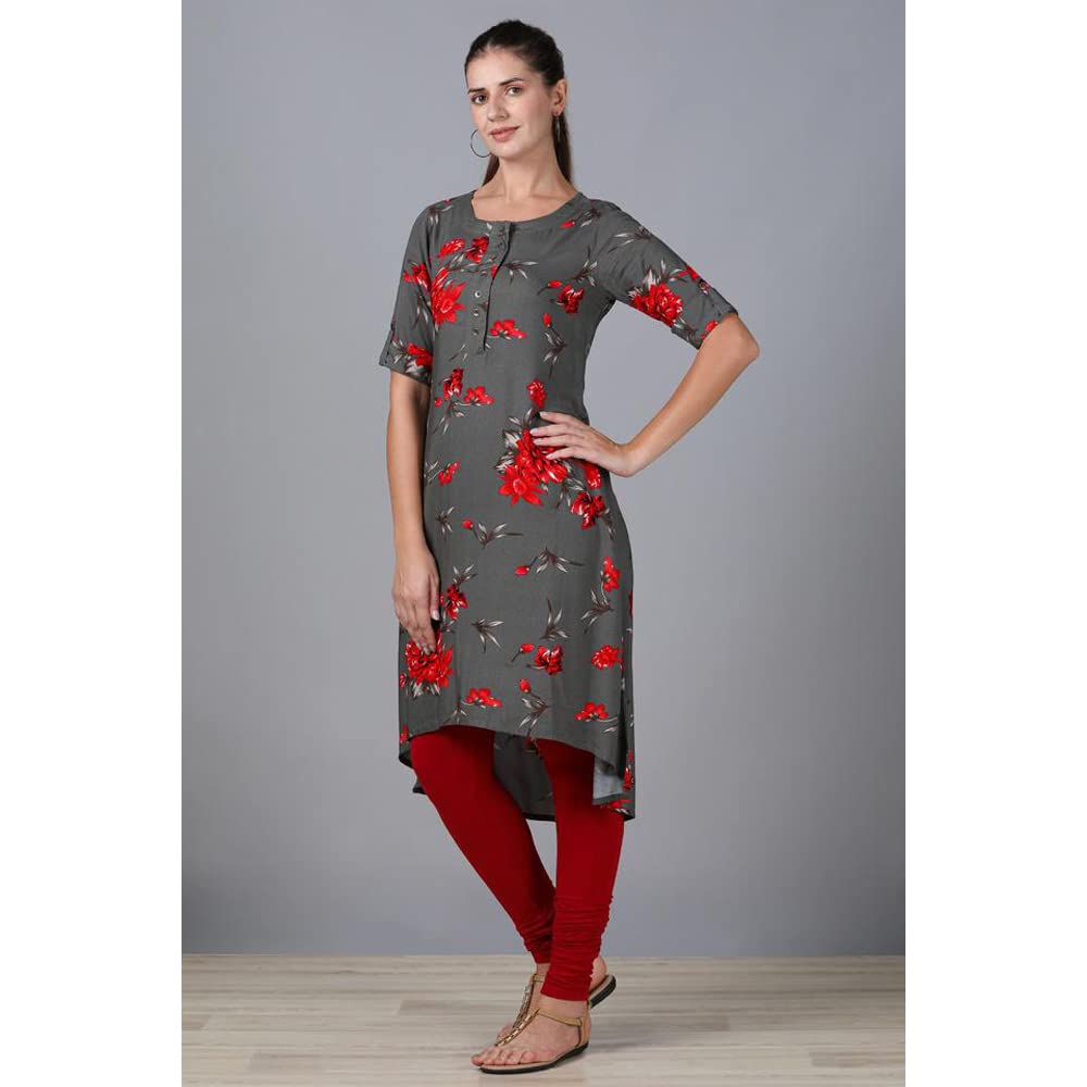 in. fuse by Shoppers Stop Printed Rayon Round Neck Womens Hi Low Kurta
