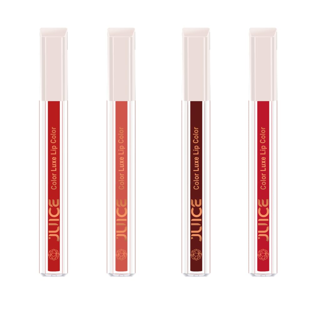 Juice Matte Luxe Lipstick - Vitamin E Enriched, Smudge-Free with Bio Retinol, Moisturizing Lock Technology, SPF 15, Long-Lasting Pack of 4 (Color Family of Red)