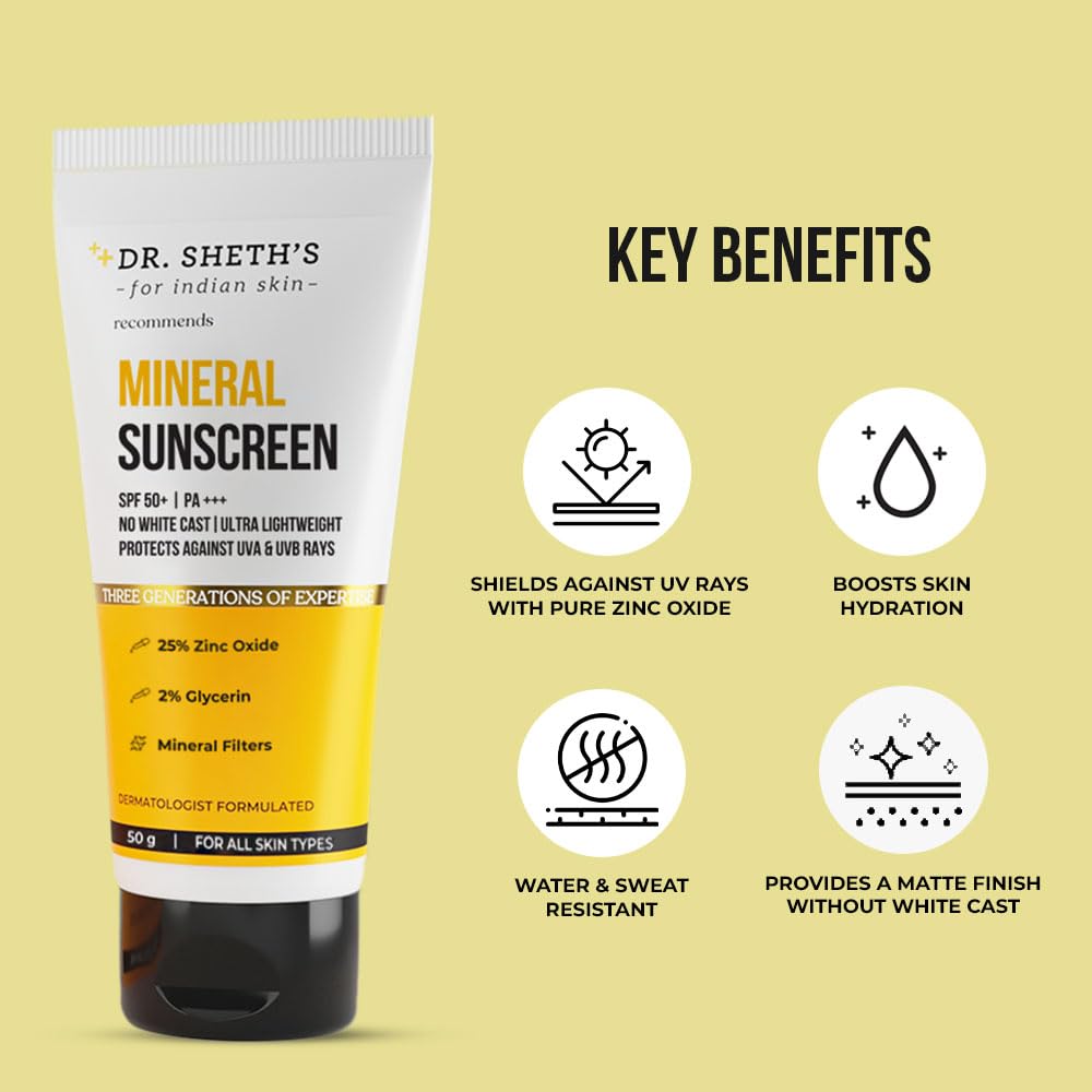 Dr. Sheth's Mineral Sunscreen SPF 50 PA+++ | Water Proof Sunscreen | No White Cast | Quick-absorbing | Ultra Lightweight & Non-sticky | 25% Zinc Oxide | for All Skin Types | for Women & Men | 50g