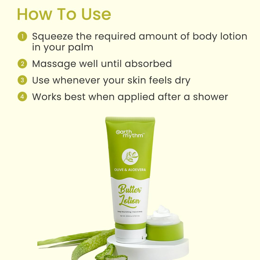 Earth Rhythm Olive & Aloe vera Butter Body Lotion | Deeply Nourishes, Soothes Skin & Intensely Hydrates | Body Lotion for Winter | for All Skin Type | Men & Women – 200 ml