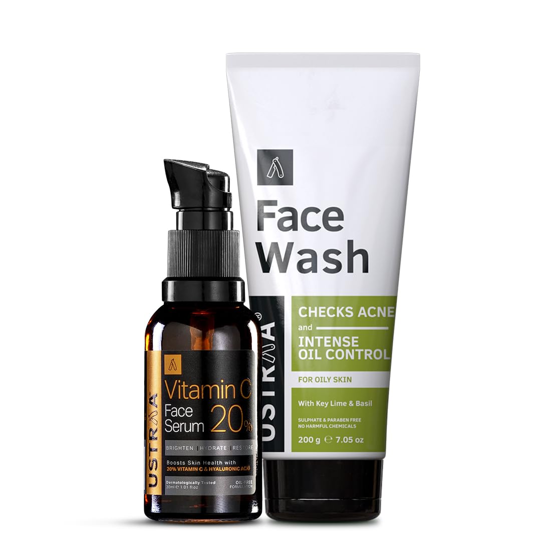 Ustraa Face Wash - Oily Skin - 200g | With Basil & Key Lime - For Acne-Prone Skin | Checks Acne & Blackheads & 20% Vitamin C Face Serum - 30ml | 20% Vitamin C in Pure form | Anti-Aging, Brightening