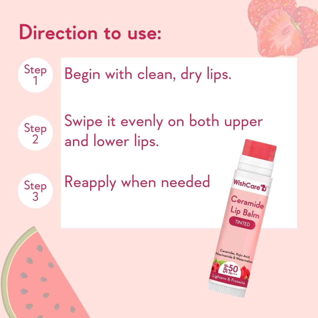 WishCare Tinted Lip Balm with SPF 50 PA+++ - Brightening Lip Balm for Dark Lips with Kojic Acid & Niacinamide- SPF lip balm for Women 5g