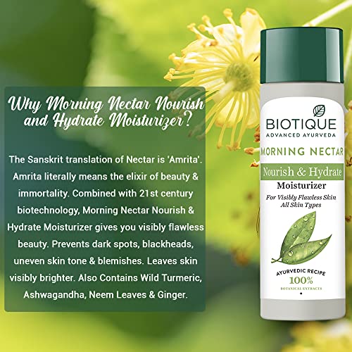 Biotique Morning Nectar Flawless Skin Moisturizer Lotion L Prevents Dark Spots, Blackheads And Blemishes L Visibly Flawless Skin L Nourishes And Hydrates Skin L All Skin Types L 190Ml