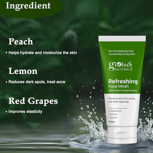 Globus Naturals Refreshing Face Wash with Peach & Red Grapes, For anti aging and moisturising, Suitable for Combination & Oily Skin 50gm