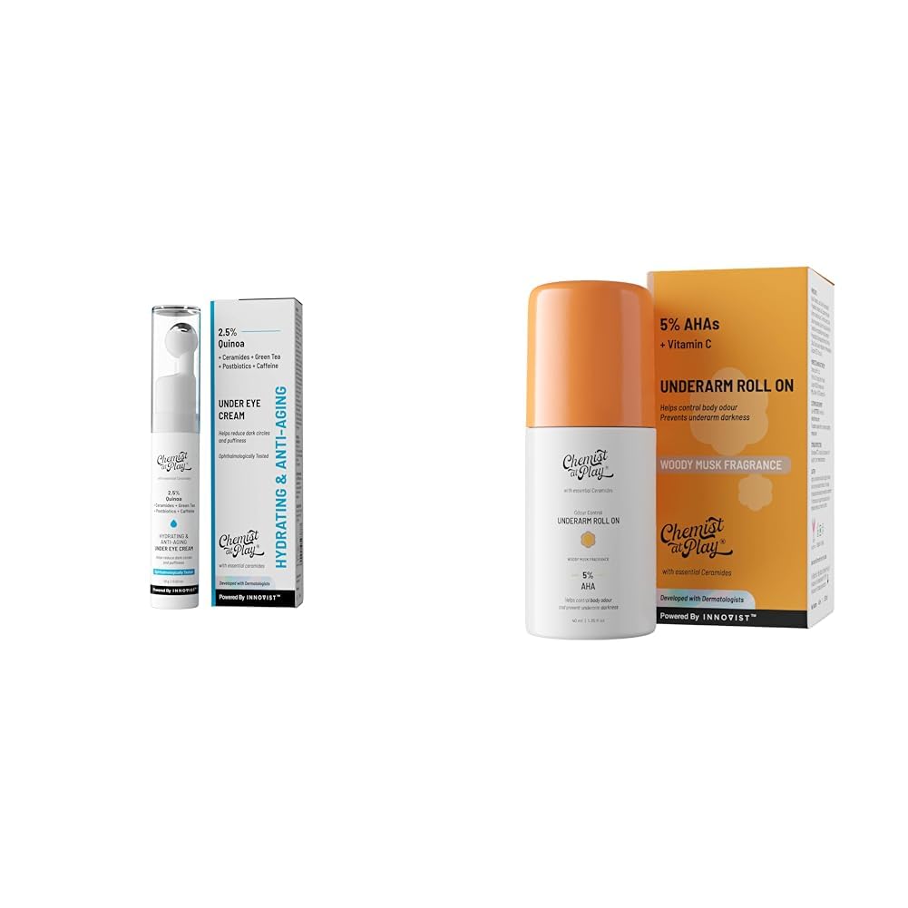 Chemist At Play Under Eye Cream with 2% Revital Eye & Quinoa Extract Cooling Gel & Roller for Men & Women | 15 g UnderArm Roll-On Deodorant with 5% AHA, Lactic Acid & 1% Mandelic Acid 40ml