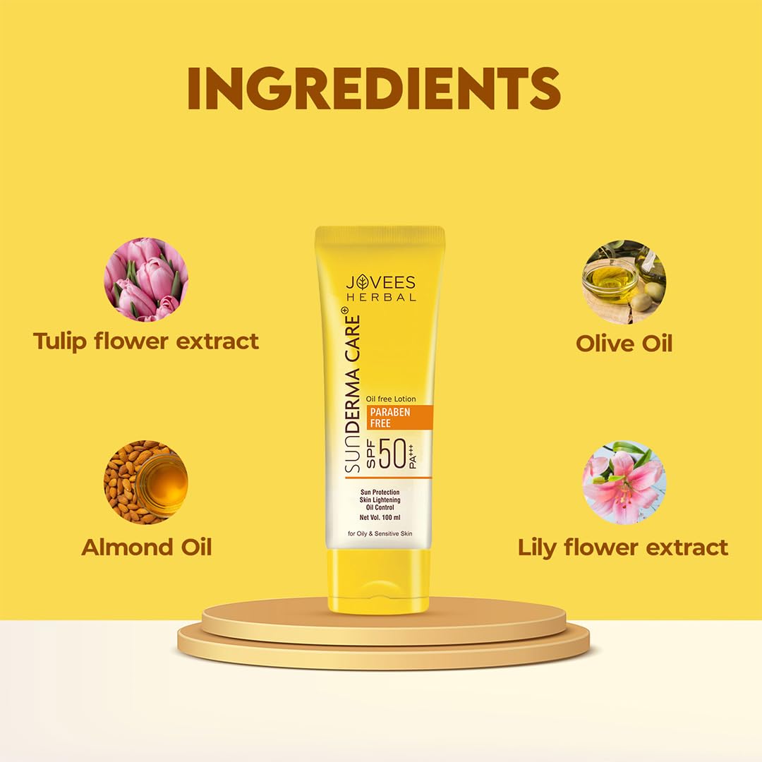 Jovees Herbal Sun Derma Care Lotion SPF 50 PA+++ Broad Spectrum, UVA/UVB Protection | Oil Free, Quick Absorption & Lightweight | For oily and sensitive skin 100ml