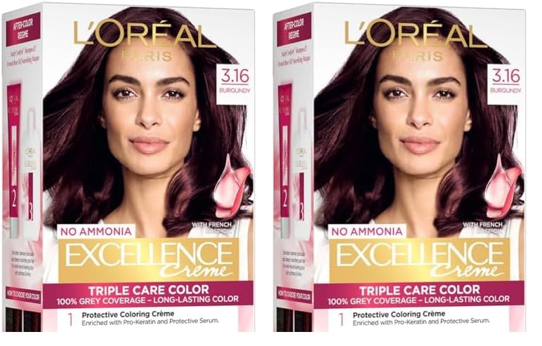 L'Oréal Paris Permanent Hair Colour, Radiant At-Home Hair Colour with up to 100% Grey Coverage, Pro-Keratin, Up to 8 Weeks of Colour, Excellence Crème, 3.16 Burgundy, 72ml+100g (Pack of 2)