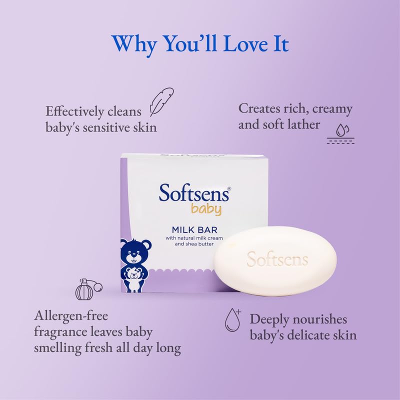 Softsens Baby Moisturizing Milk Soap Bar Enriched with Natural Milk Cream & Shea Butter I Dermatologically Tested & Paraben Free for Baby Skin- Pack of 1 (100 gms x 3)