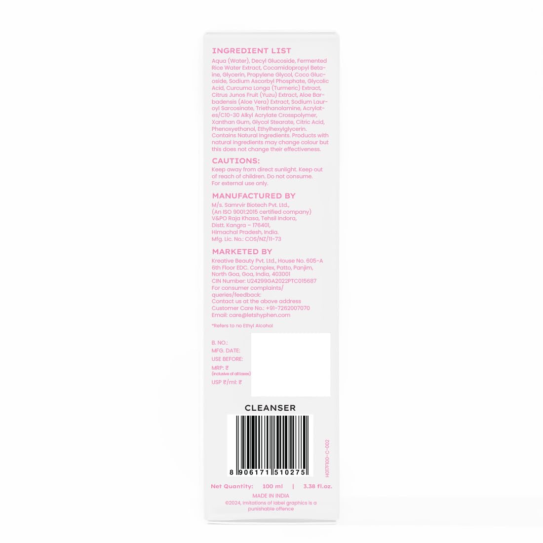 Hyphen 10% Rice Water Brightening Face Wash | Daily Face Cleanser for Women and Men | Brightens Skin | Removes Dirt & Impurities | Face Care, Gentle Facewash, Non-drying, Fragrance Free Formula | Skin Care Products | Suitable for All Skin Types - 100 ml