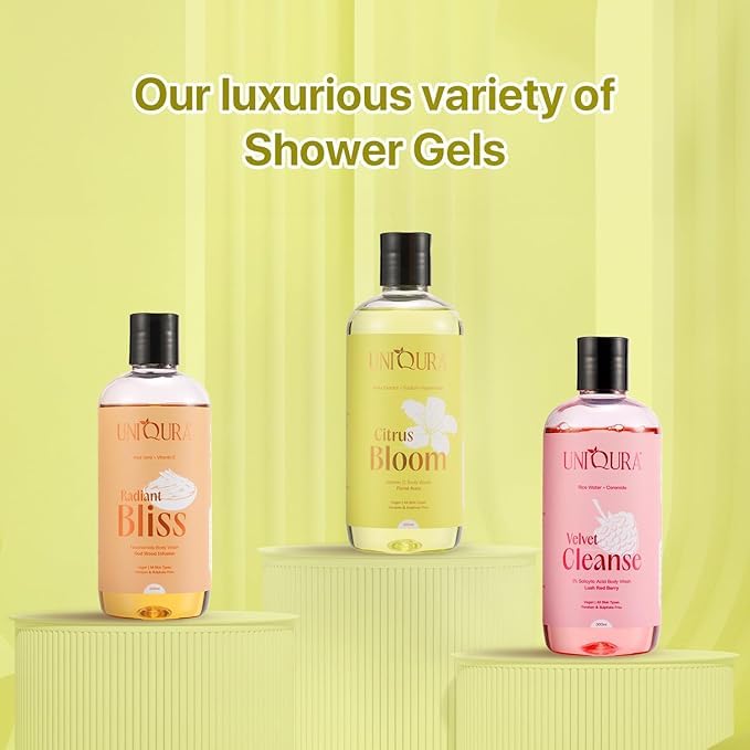 Uniqura Glowing Skin Vitamin C Body Wash Value Pack With Intense Moisturisation Which Brightens Skin, Evens-Tone & Reduces Sun Damage, Paraben & Sulphate Free Shower Gel For Men & Women (300ml Each)