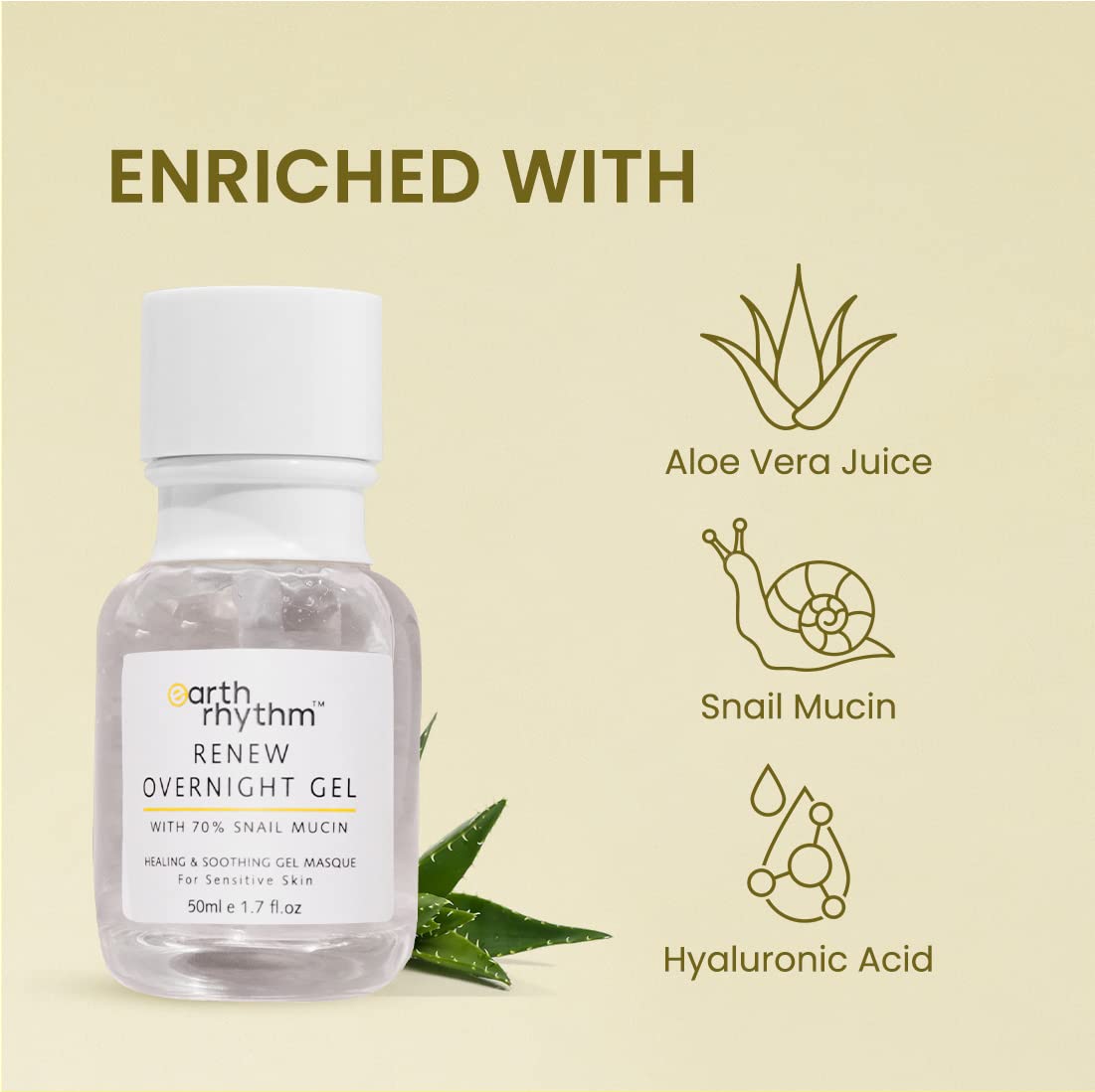 Earth Rhythm Renew Overnight Gel with Snail Mucin, Healing & Soothing Face Gel, For Sensitive Skin - 50g | Moisturize Skin, Reduce Acne, Repairs Damaged Skin